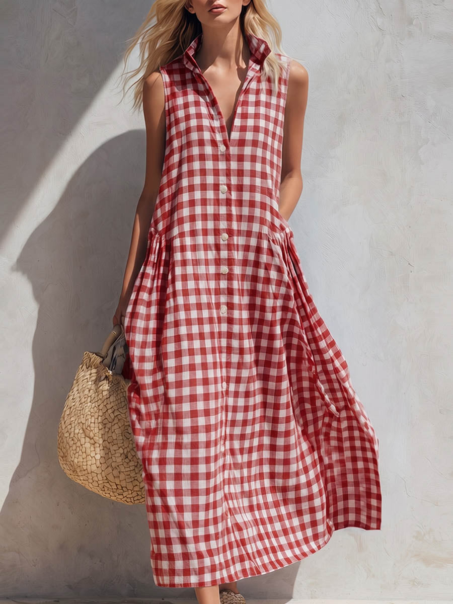 Women's V-Neck Sleeveless Dress with Cotton-Linen Blend and Side Pockets