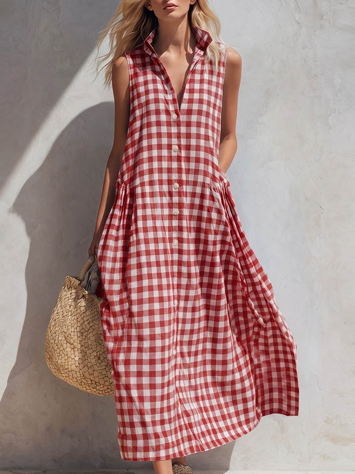 Women's V-Neck Sleeveless Dress with Cotton-Linen Blend and Side Pockets