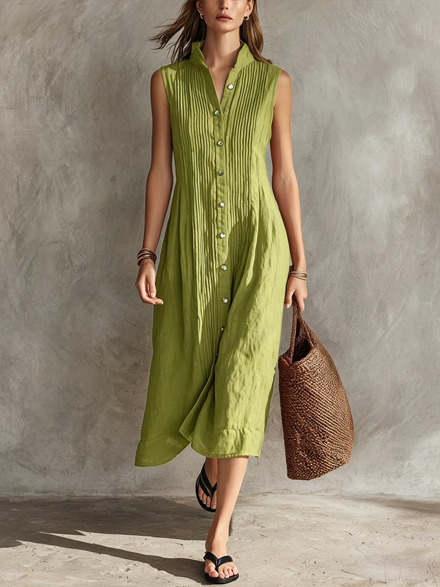 Women's Sleeveless Pleated Dress with Stand Collar and Button-Down Front