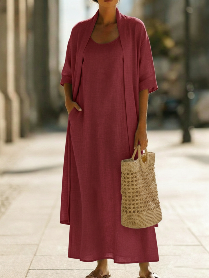 Linen Cotton Blend Two-Piece Set with Cardigan and Elastic Waist Dress
