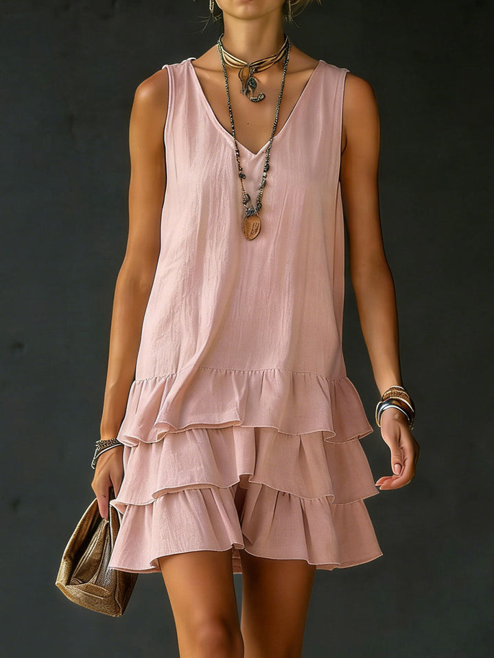 Women's V-Neck Sleeveless Dress with Natural Fiber Blend and Side Pockets