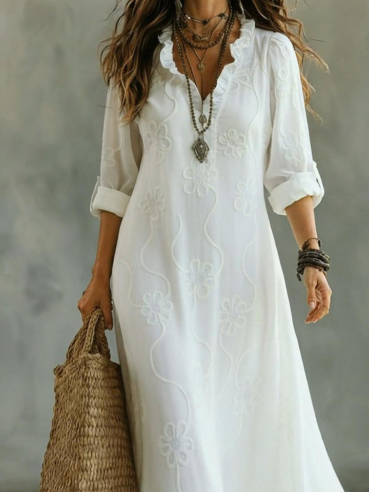 Floral Embroidered Midi Dress with V-Neck Wavy Collar and Long Sleeves