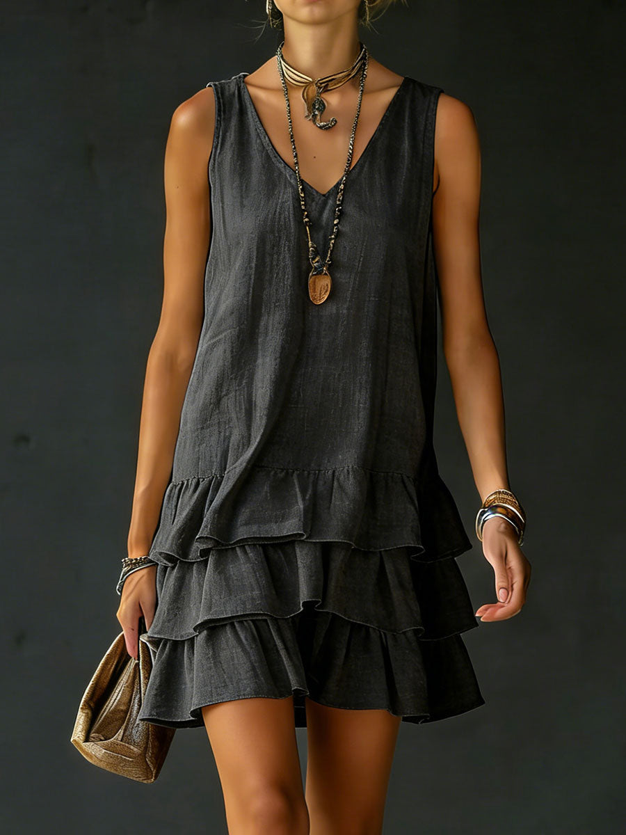 Women's V-Neck Sleeveless Dress with Natural Fiber Blend and Side Pockets