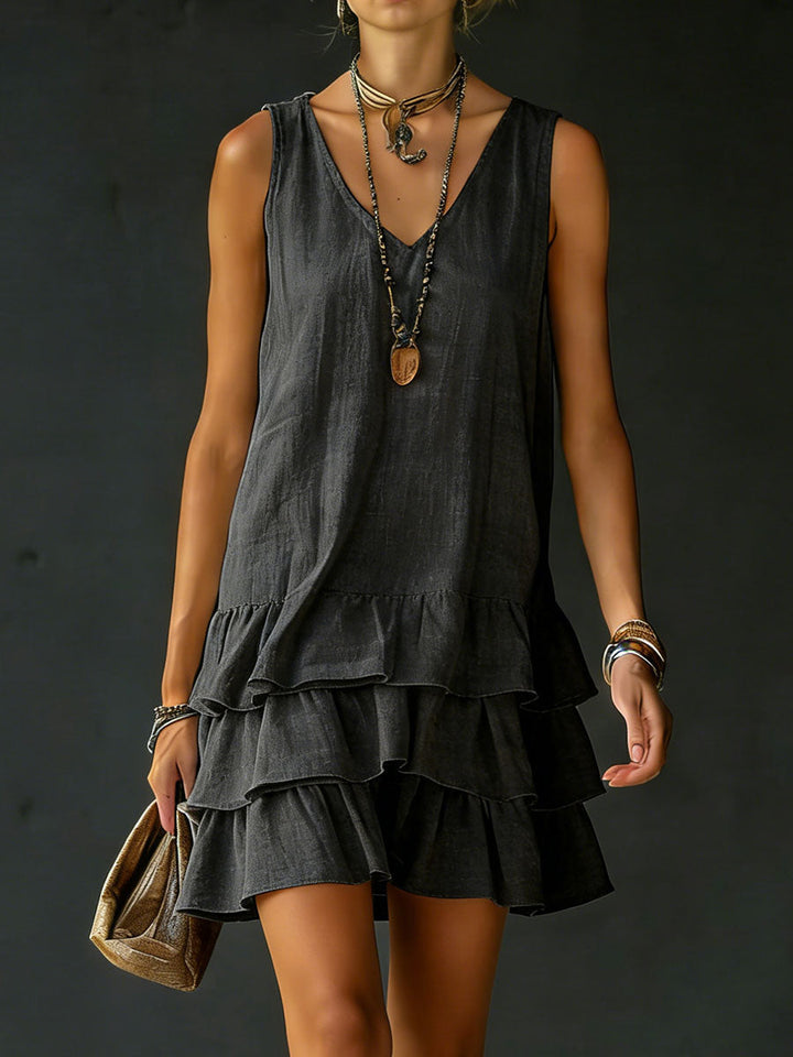 Women's V-Neck Sleeveless Dress with Natural Fiber Blend and Side Pockets
