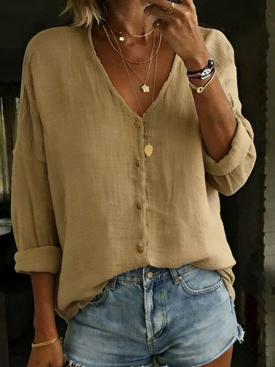 Women's V-Neck Shirt with Cotton-Linen Blend and Long Sleeves