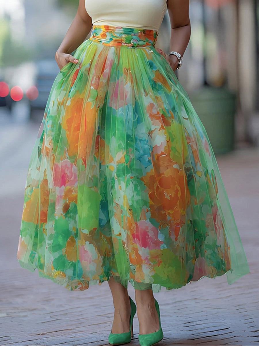 Women's Watercolor Maxi Skirt with Mesh Panels and Elastic Waistband