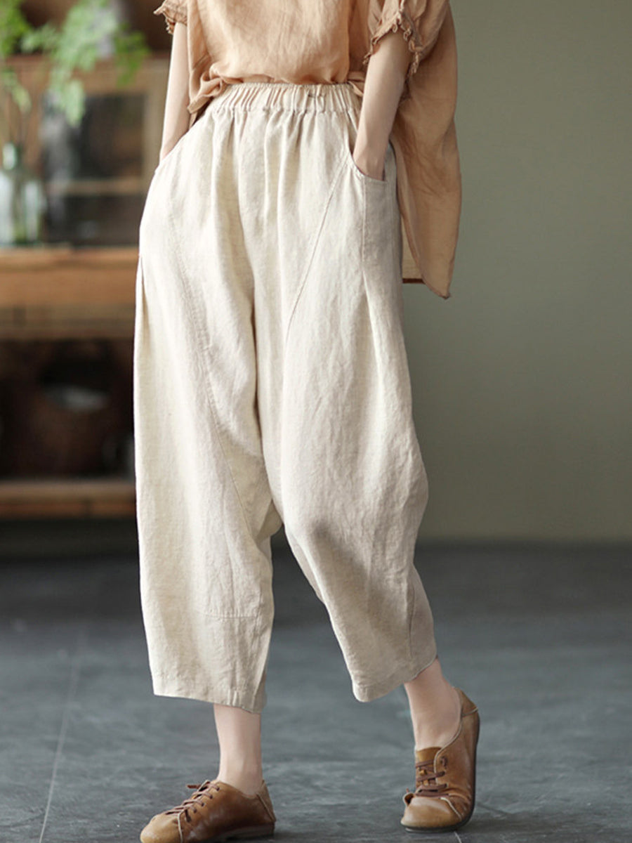 Wide-Leg Linen-Blend Trousers with Elastic Waistband and Front Pleating