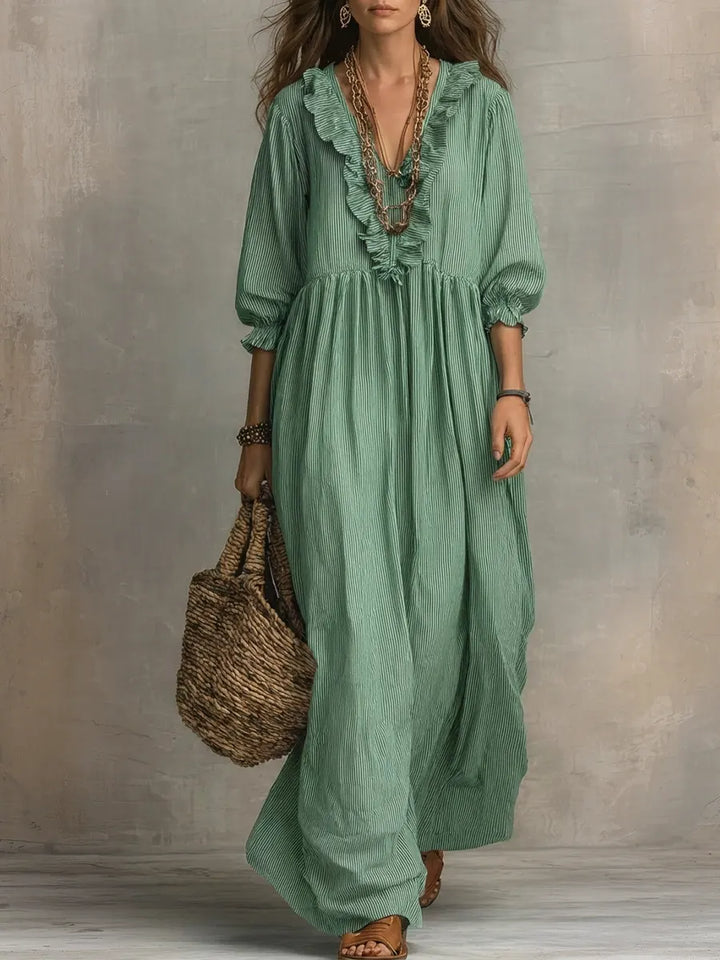 Striped Maxi Dress with Three-Quarter Sleeves and Ruffled Hem, Cotton Linen Blend
