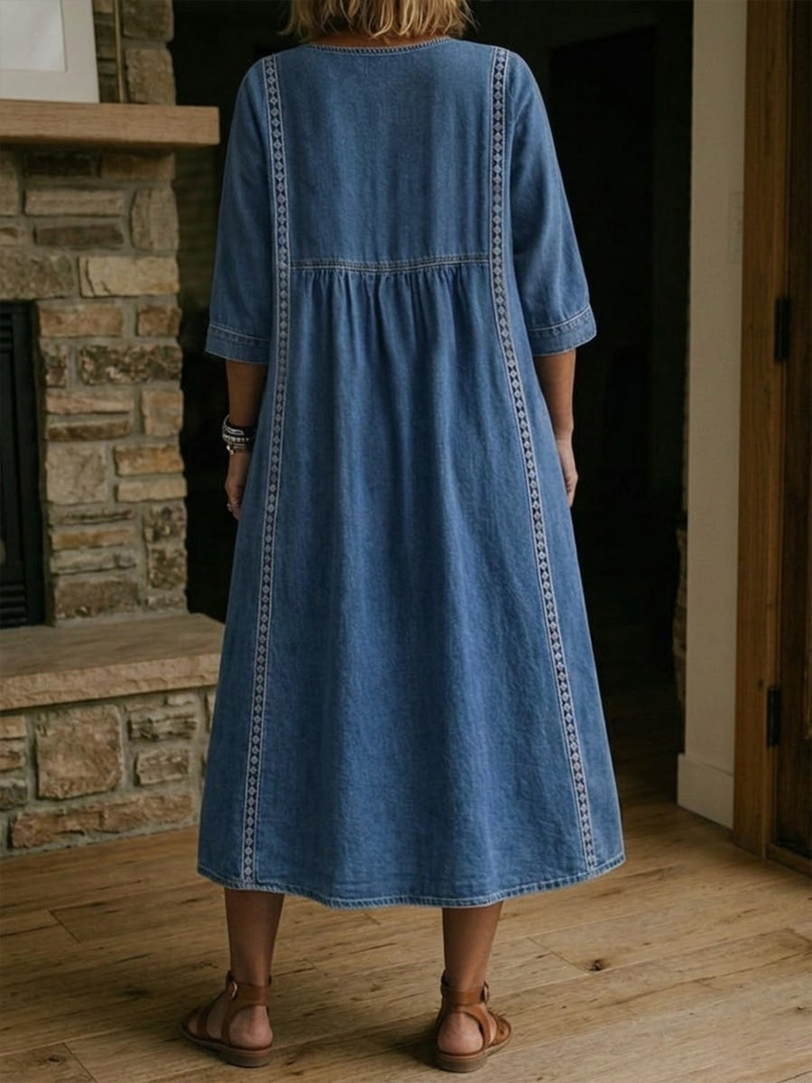 Women's Denim Dress with Lace Trim and V-Neckline, Loose Fit
