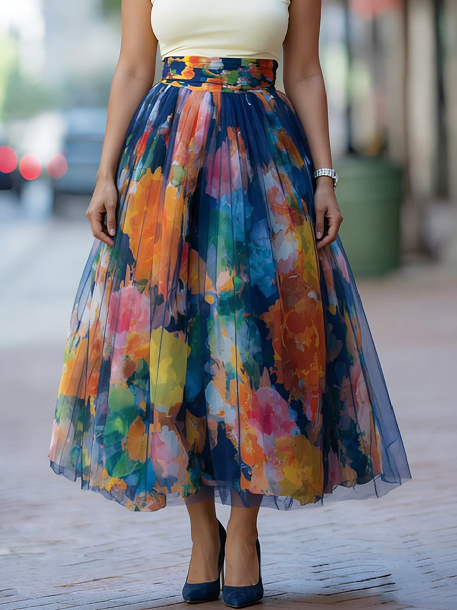 Women's Watercolor Maxi Skirt with Mesh Panels and Elastic Waistband