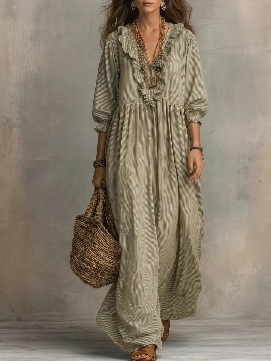 Striped Maxi Dress with Three-Quarter Sleeves and Ruffled Hem, Cotton Linen Blend