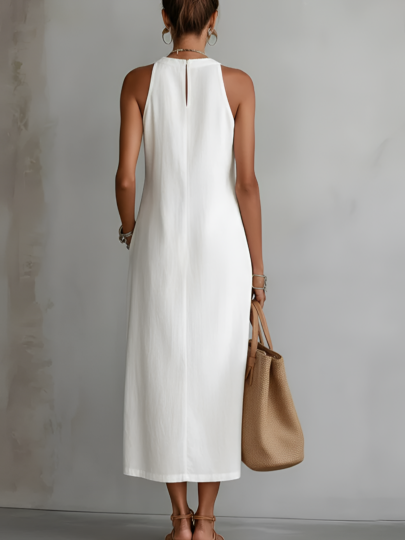 Sleeveless Midi Dress with Mao Collar and Cotton-Linen Blend, Side Pockets