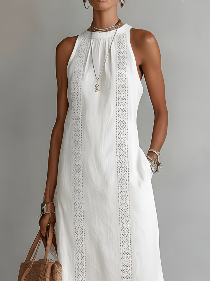 Sleeveless Midi Dress with Mao Collar and Cotton-Linen Blend, Side Pockets