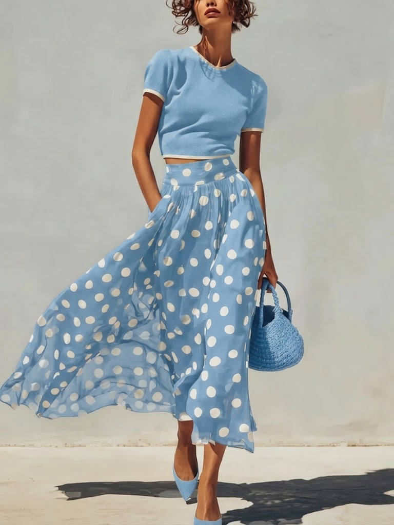 Cotton Two-Piece Set with Short Sleeve Top and Elastic Waist Skirt