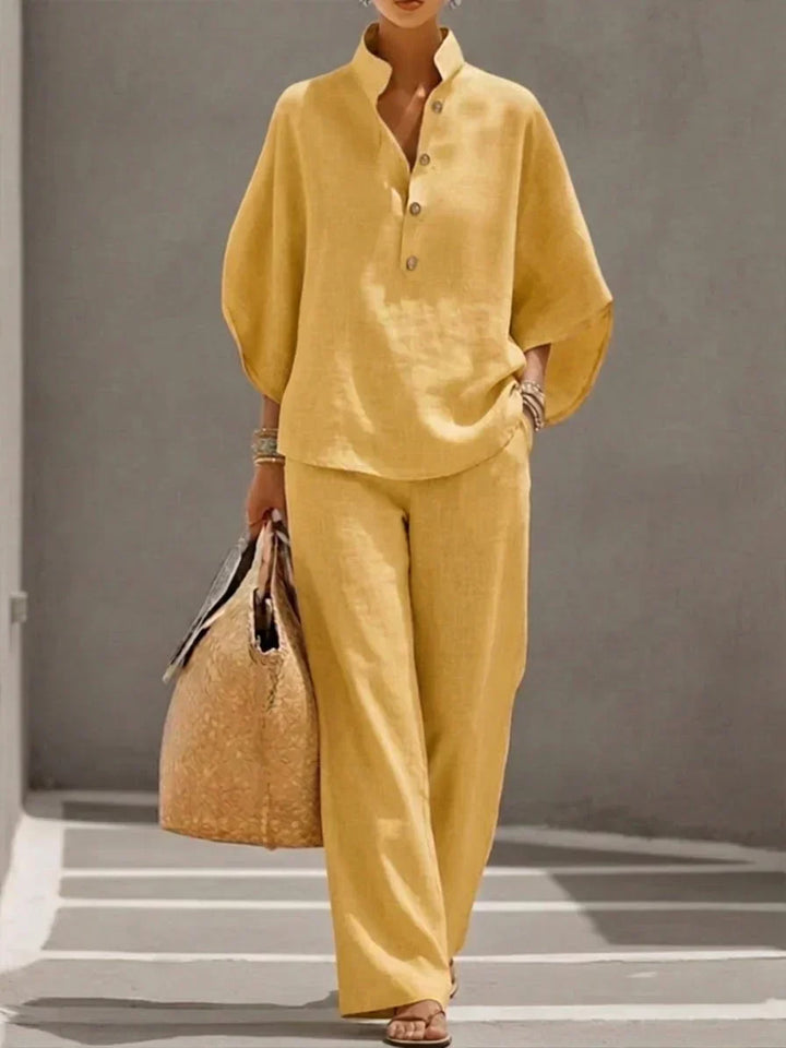 Linen Blend Blouse with Batwing Sleeves and Wide-Leg Pants Set