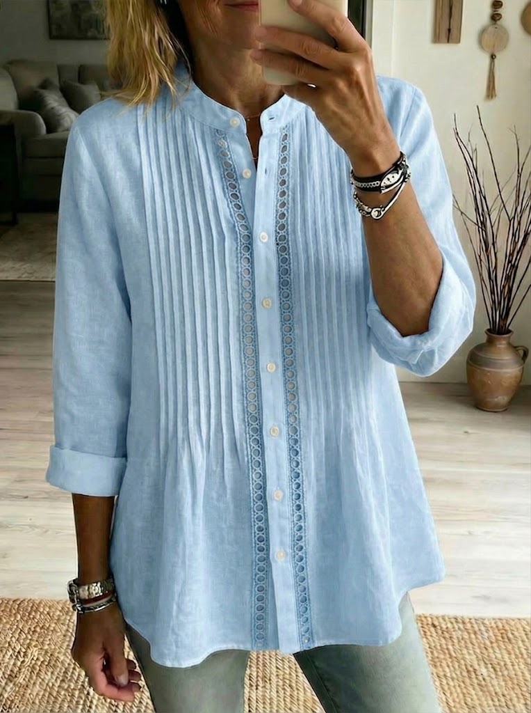 Pleated Linen Blend Shirt with Band Collar and Roll-Up Sleeves