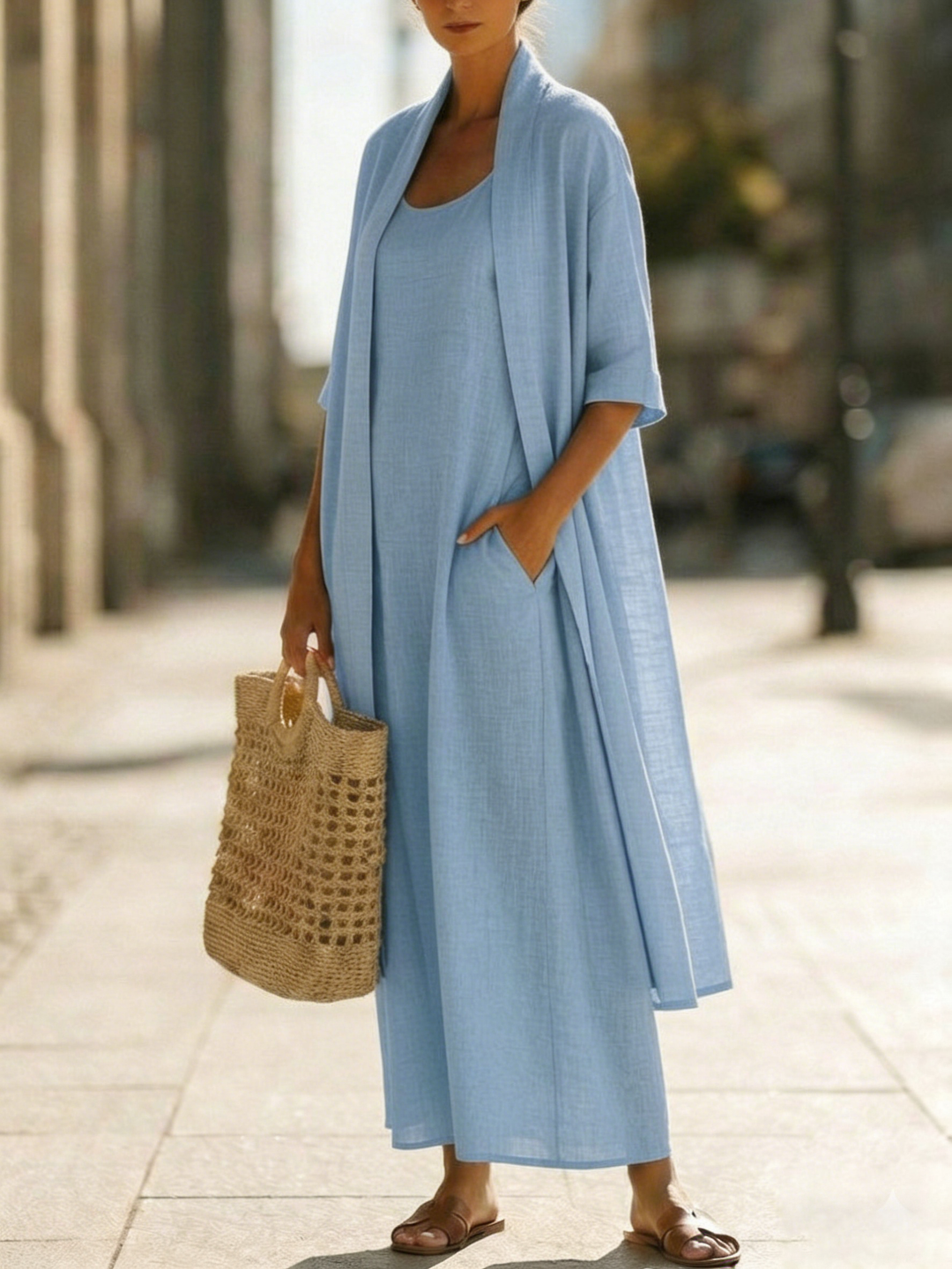 Linen Cotton Blend Two-Piece Set with Cardigan and Elastic Waist Dress