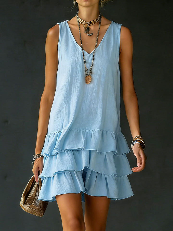 Women's V-Neck Sleeveless Dress with Natural Fiber Blend and Side Pockets