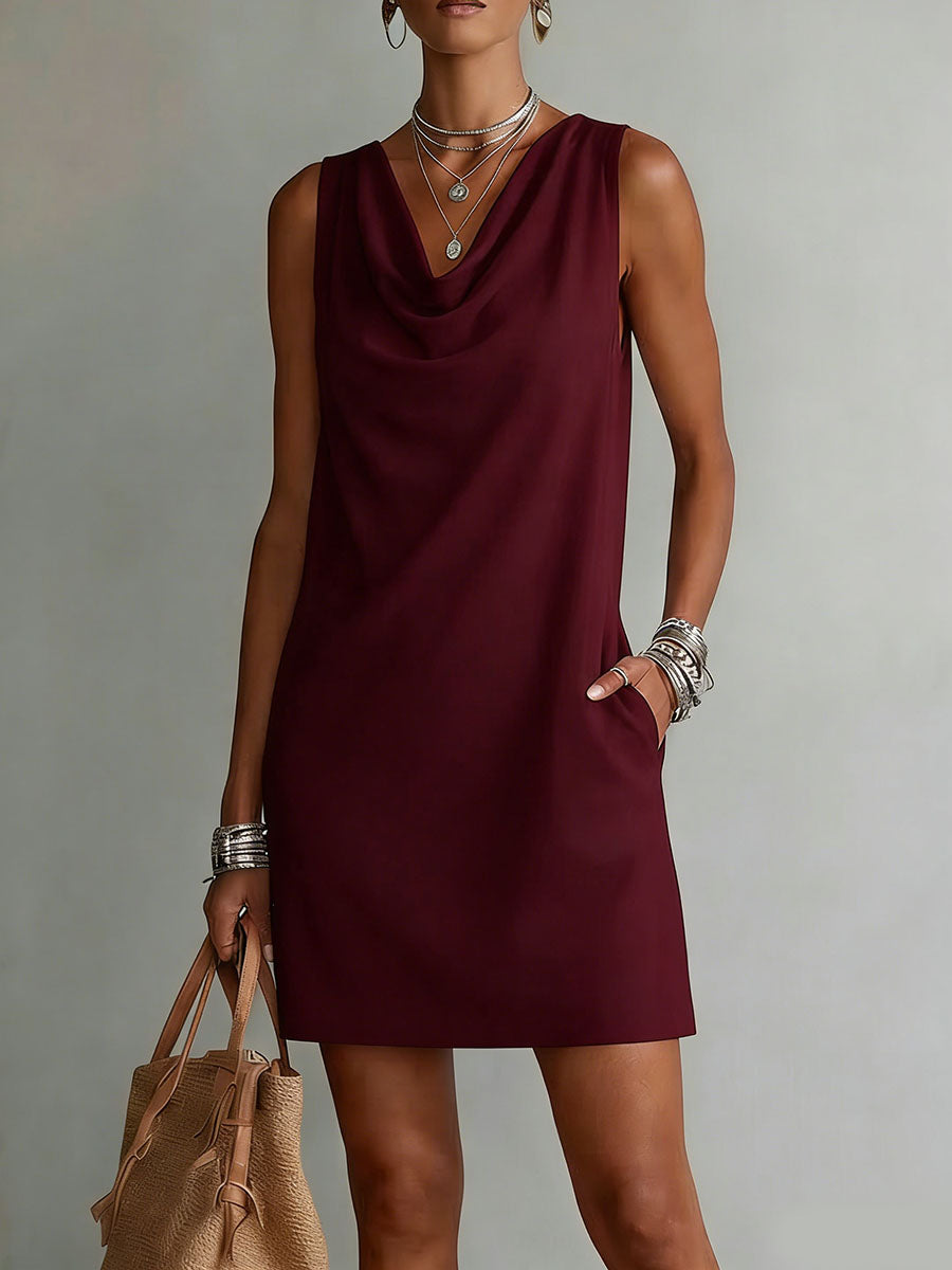 Shift Dress with Cowl Neckline and Hidden Side Pockets