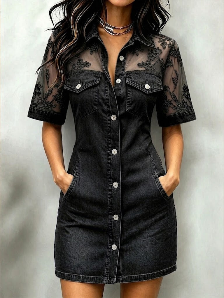 Women's Cotton Mini Dress with Short Sleeves and Patch Pockets