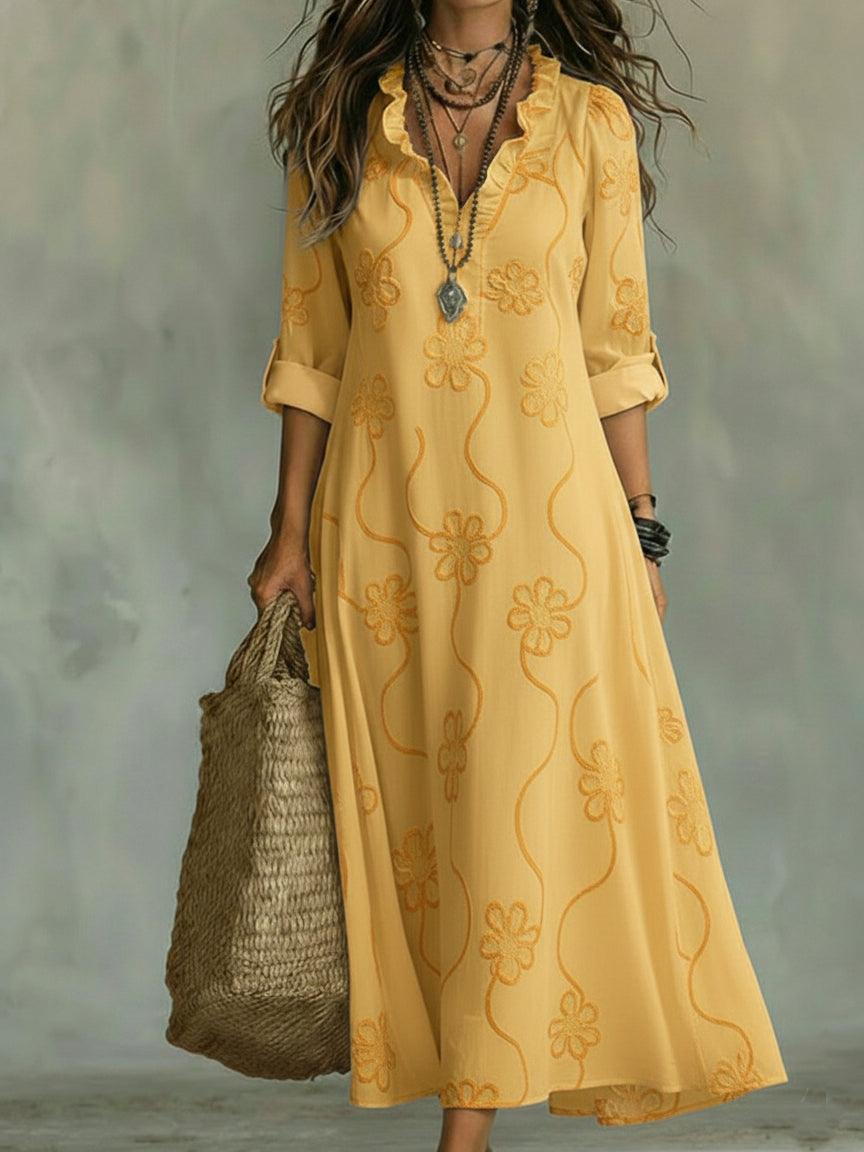 Midi Dress with Floral Embroidery and Long Sleeves, V-Neck Wave Design