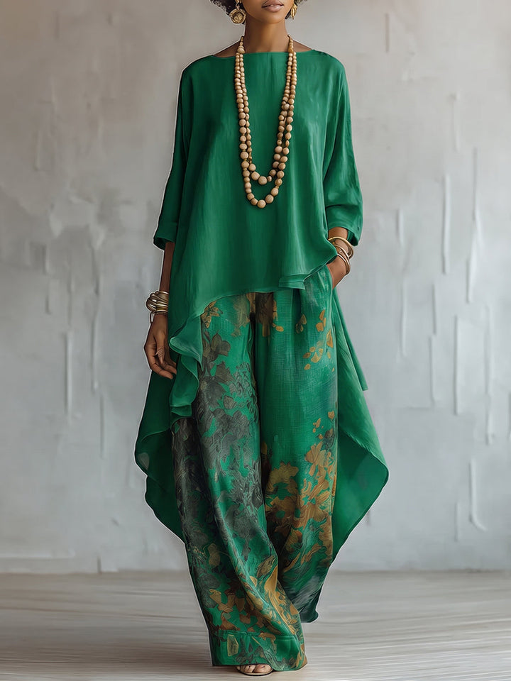 Floral Print Two-Piece Set with Long Sleeves and High-Waist Pants