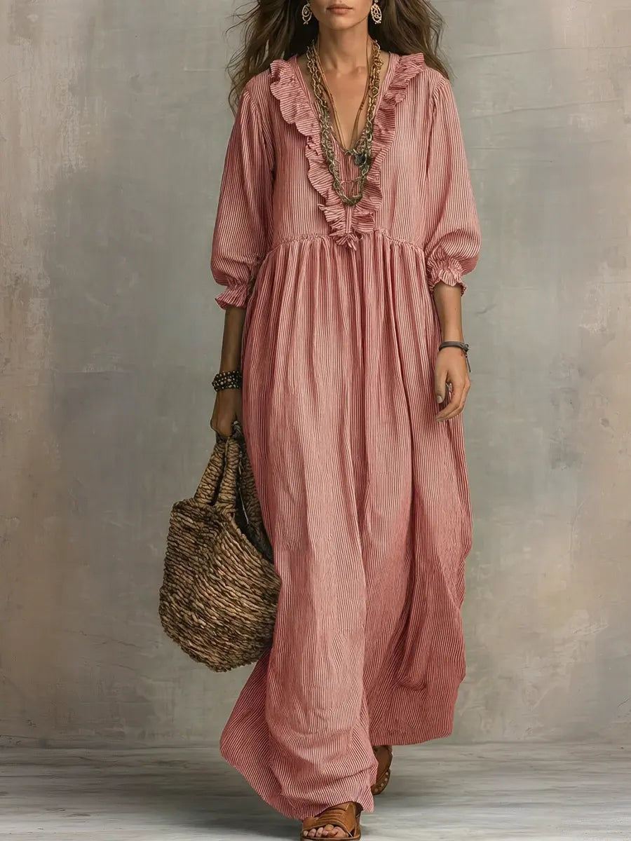 Striped Maxi Dress with Three-Quarter Sleeves and Ruffled Hem, Cotton Linen Blend