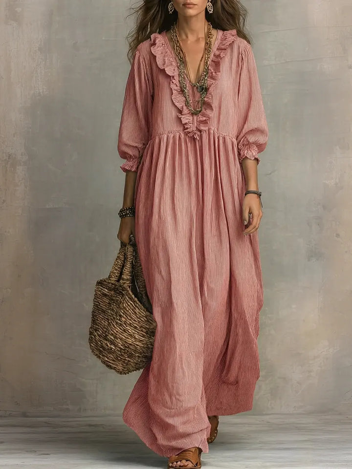Striped Maxi Dress with Three-Quarter Sleeves and Ruffled Hem, Cotton Linen Blend