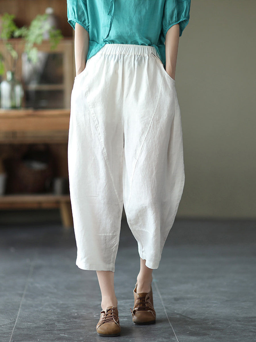 Wide-Leg Linen-Blend Trousers with Elastic Waistband and Front Pleating