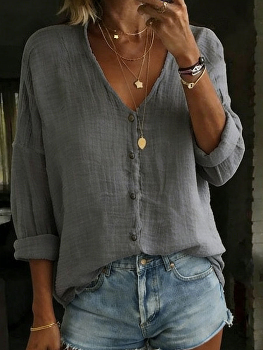 Women's V-Neck Shirt with Cotton-Linen Blend and Long Sleeves