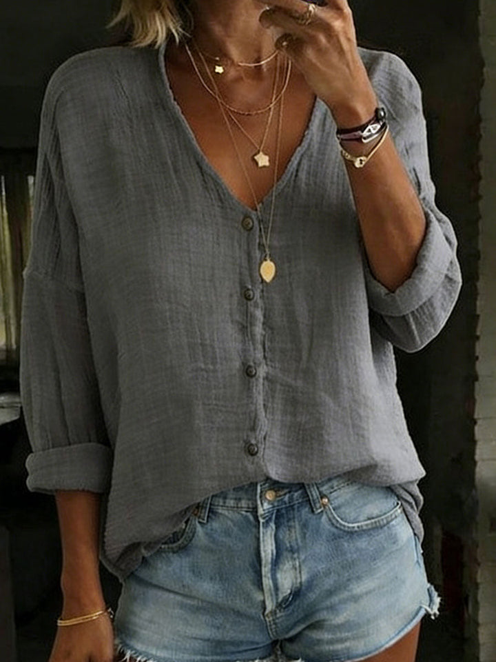 Women's V-Neck Shirt with Cotton-Linen Blend and Long Sleeves