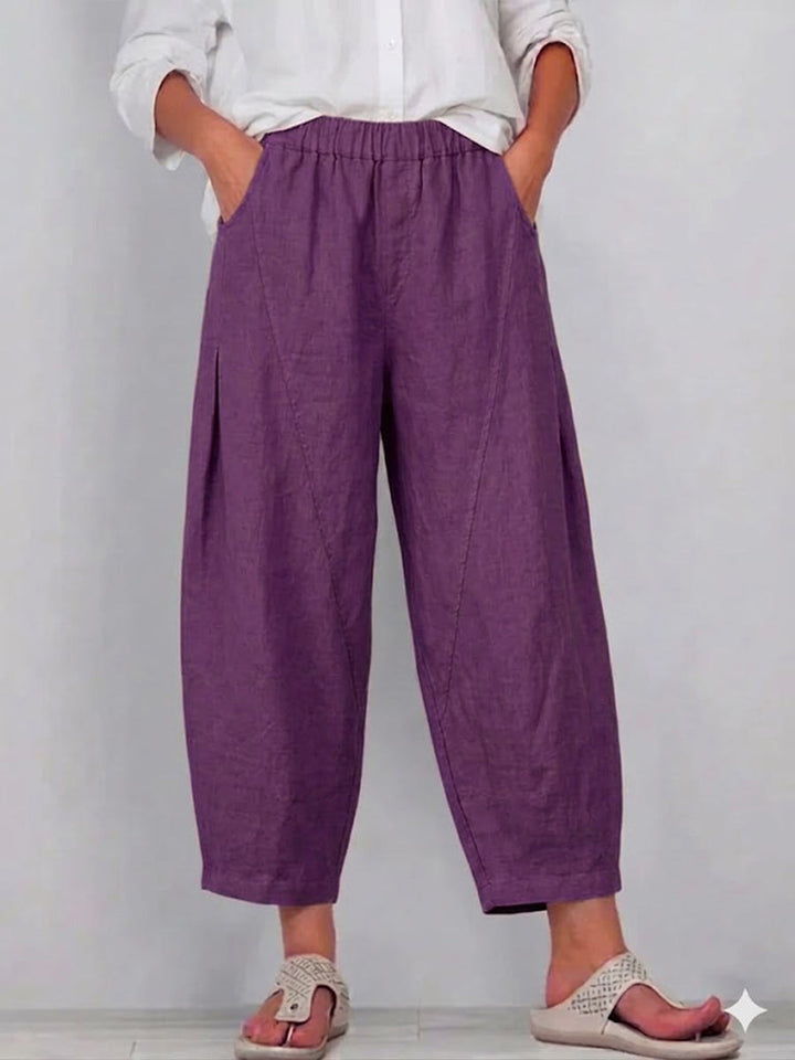 Wide-Leg Linen-Blend Trousers with Elastic Waistband and Front Pleating