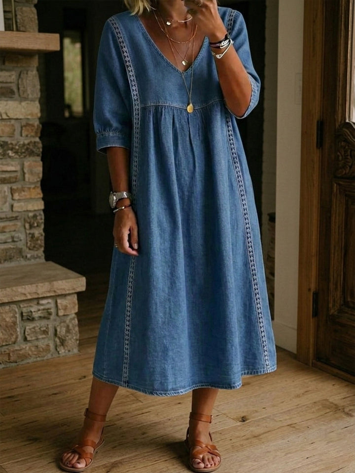 Women's Denim Dress with Lace Trim and V-Neckline, Loose Fit