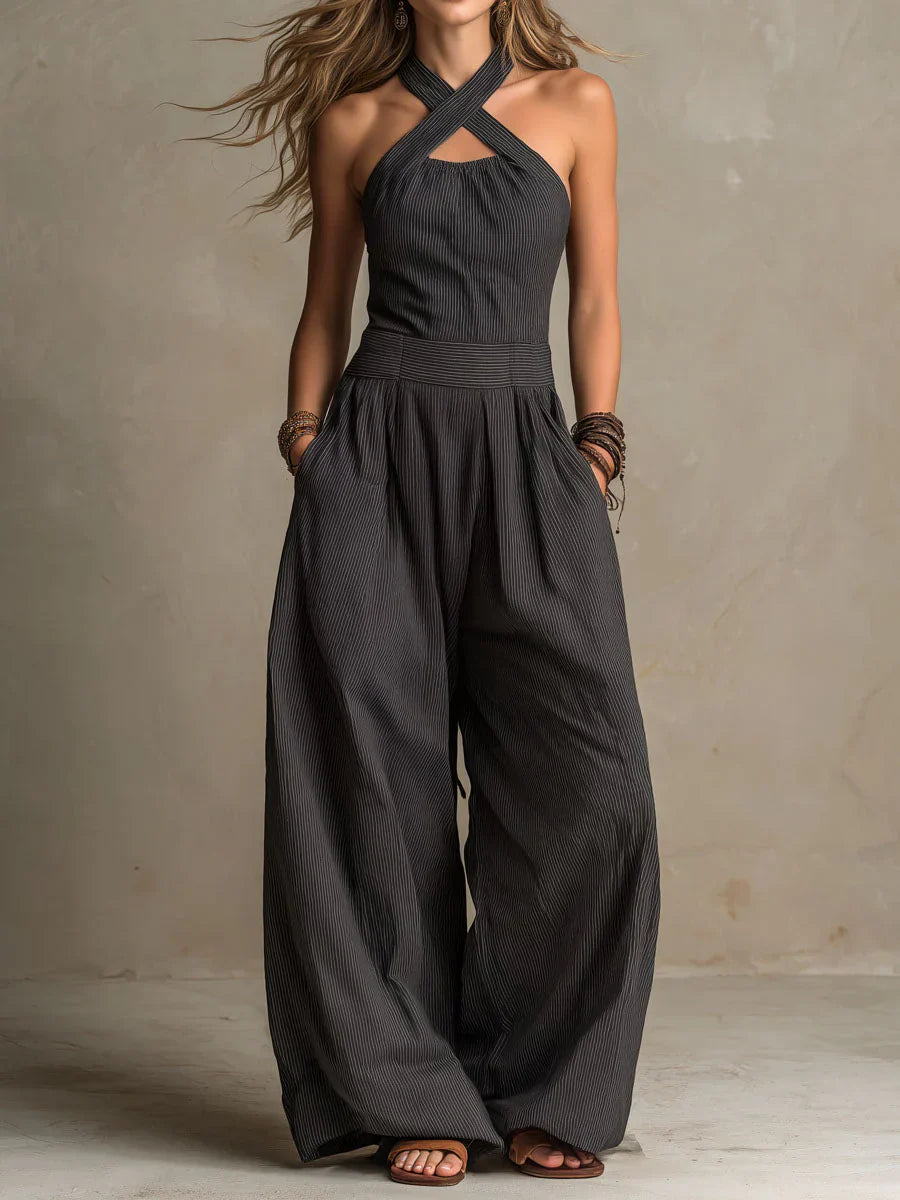 Women's Sleeveless Halter Jumpsuit with Cotton Linen Blend and Side Pockets