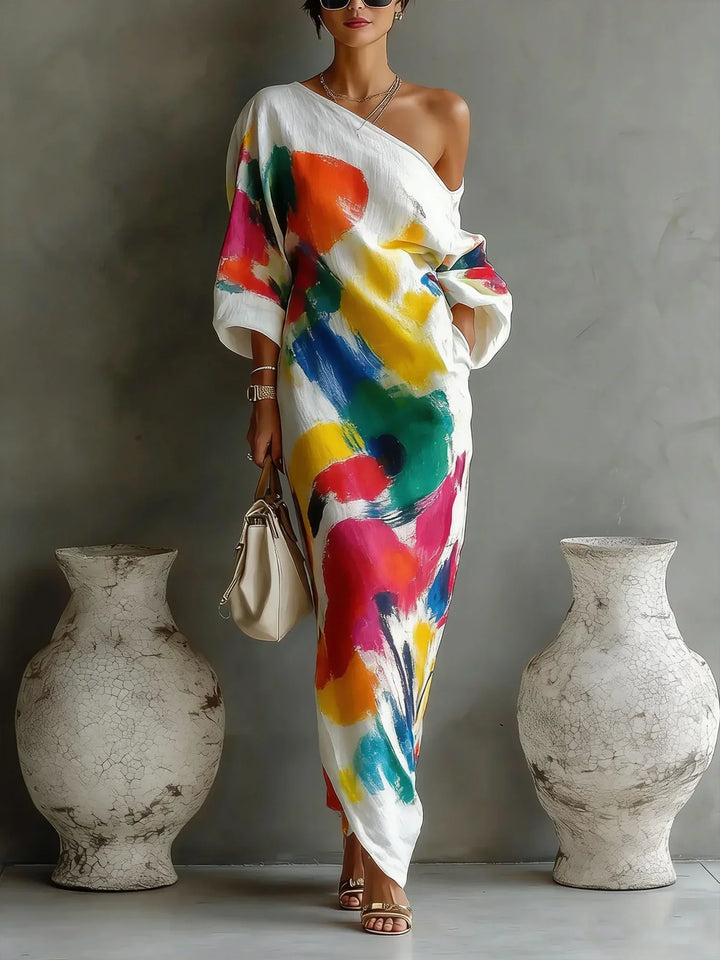 Women's V-Neck Maxi Dress with Long Sleeves and Side Pocket, Cotton Linen Blend