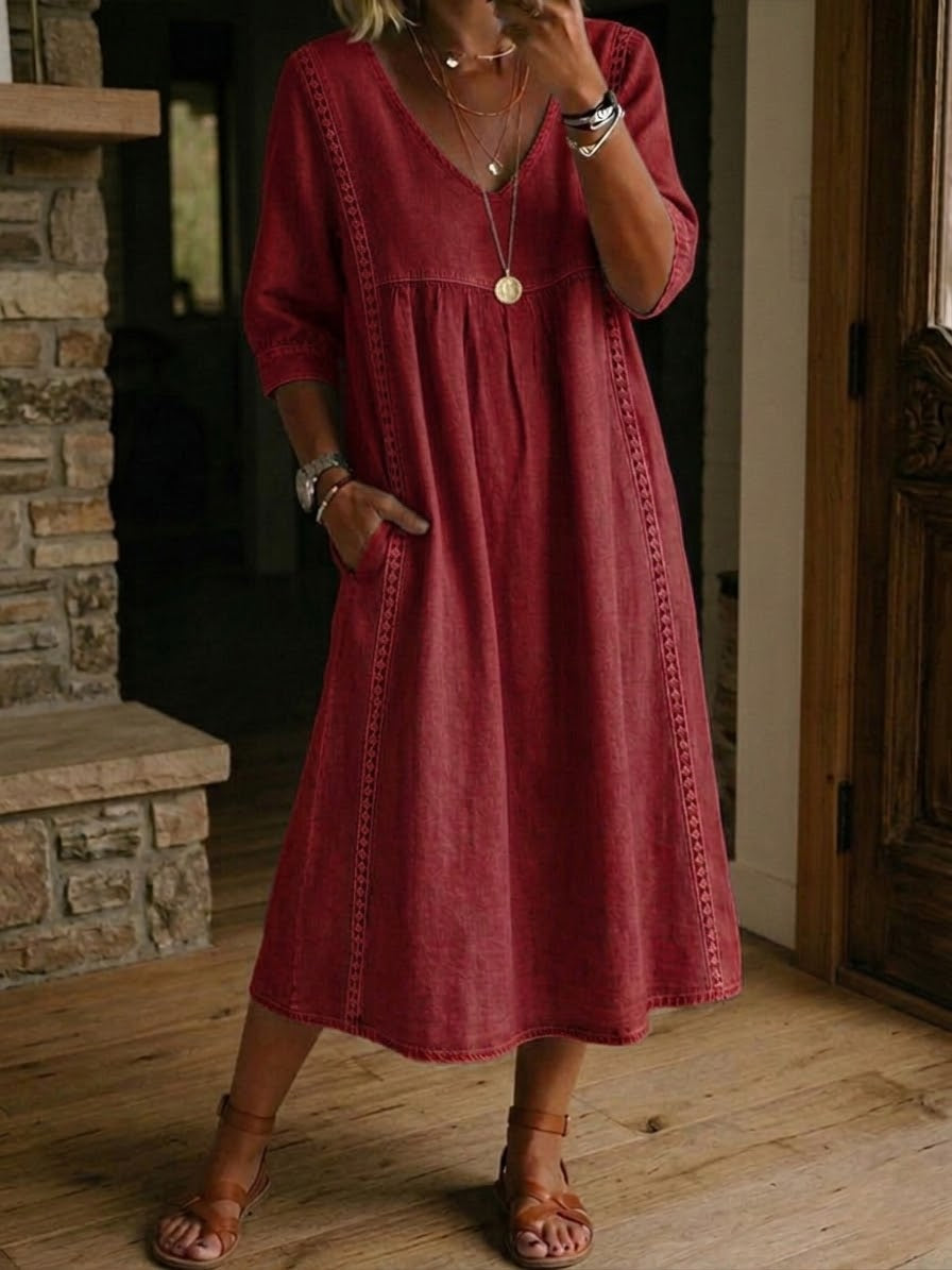 Cotton Linen Maxi Dress with Lace Trim and Patch Pockets, Patchwork Design