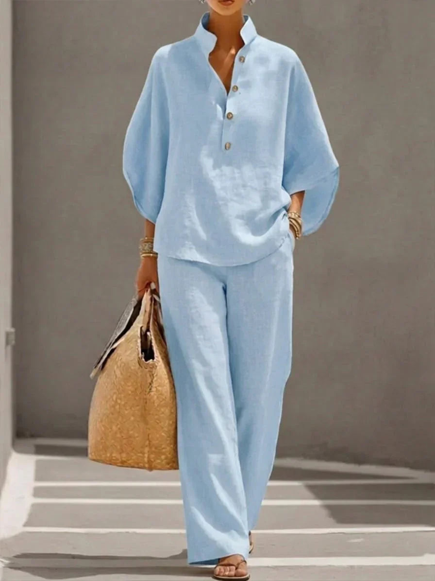 Linen Blend Blouse with Batwing Sleeves and Wide-Leg Pants Set