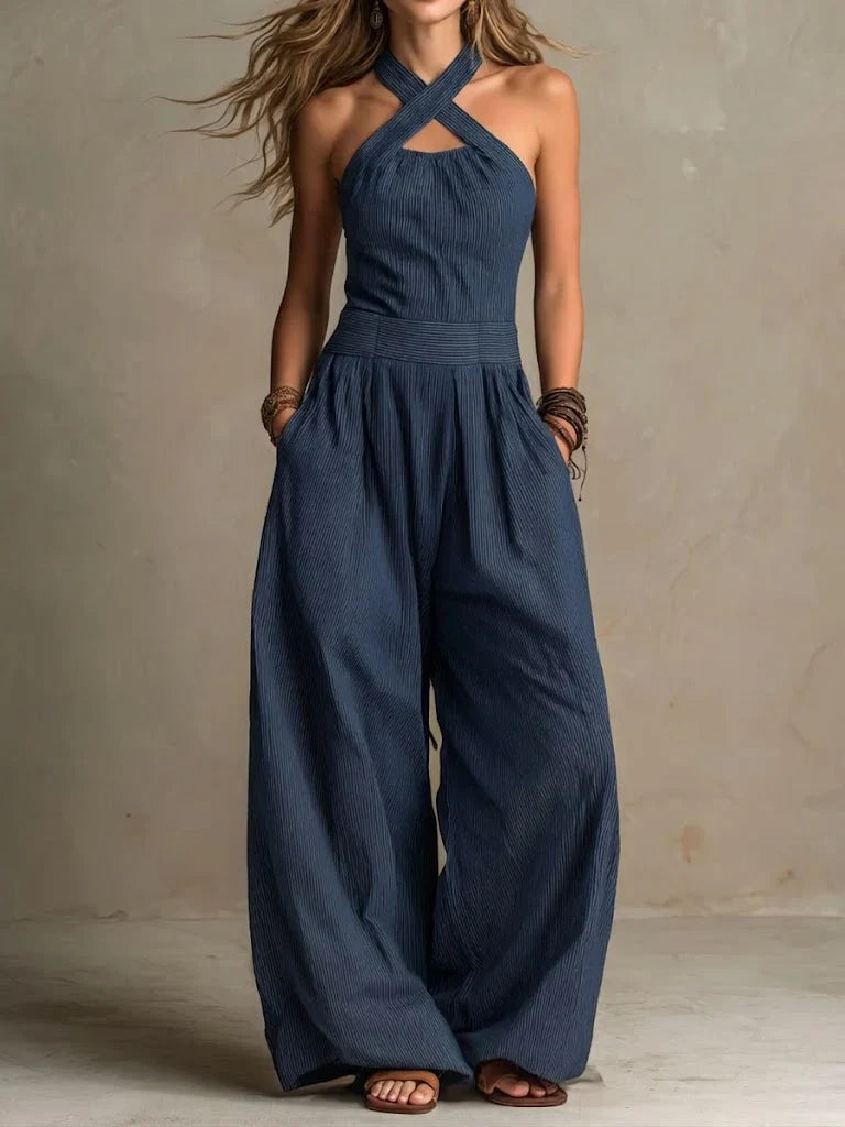 Women's Sleeveless Halter Jumpsuit with Cotton Linen Blend and Side Pockets