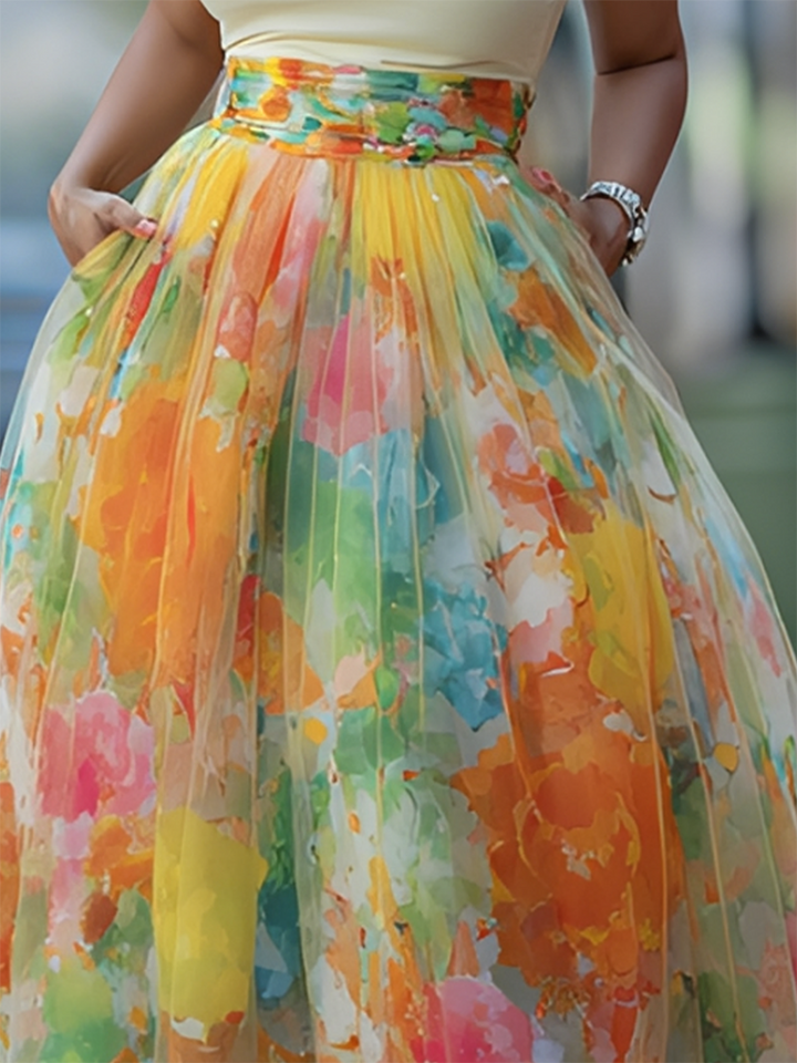 Women's Watercolor Maxi Skirt with Mesh Panels and Elastic Waistband