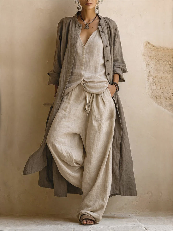 Cotton and Linen 3-Piece Set with Long Cardigan and Sleeveless Top, Relaxed Pants