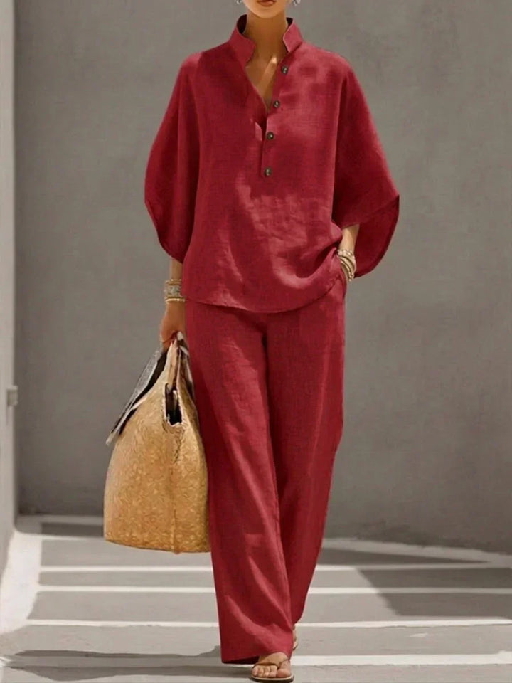Linen Blend Blouse with Batwing Sleeves and Wide-Leg Pants Set