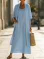 Linen Cotton Blend Two-Piece Set with Cardigan and Elastic Waist Dress