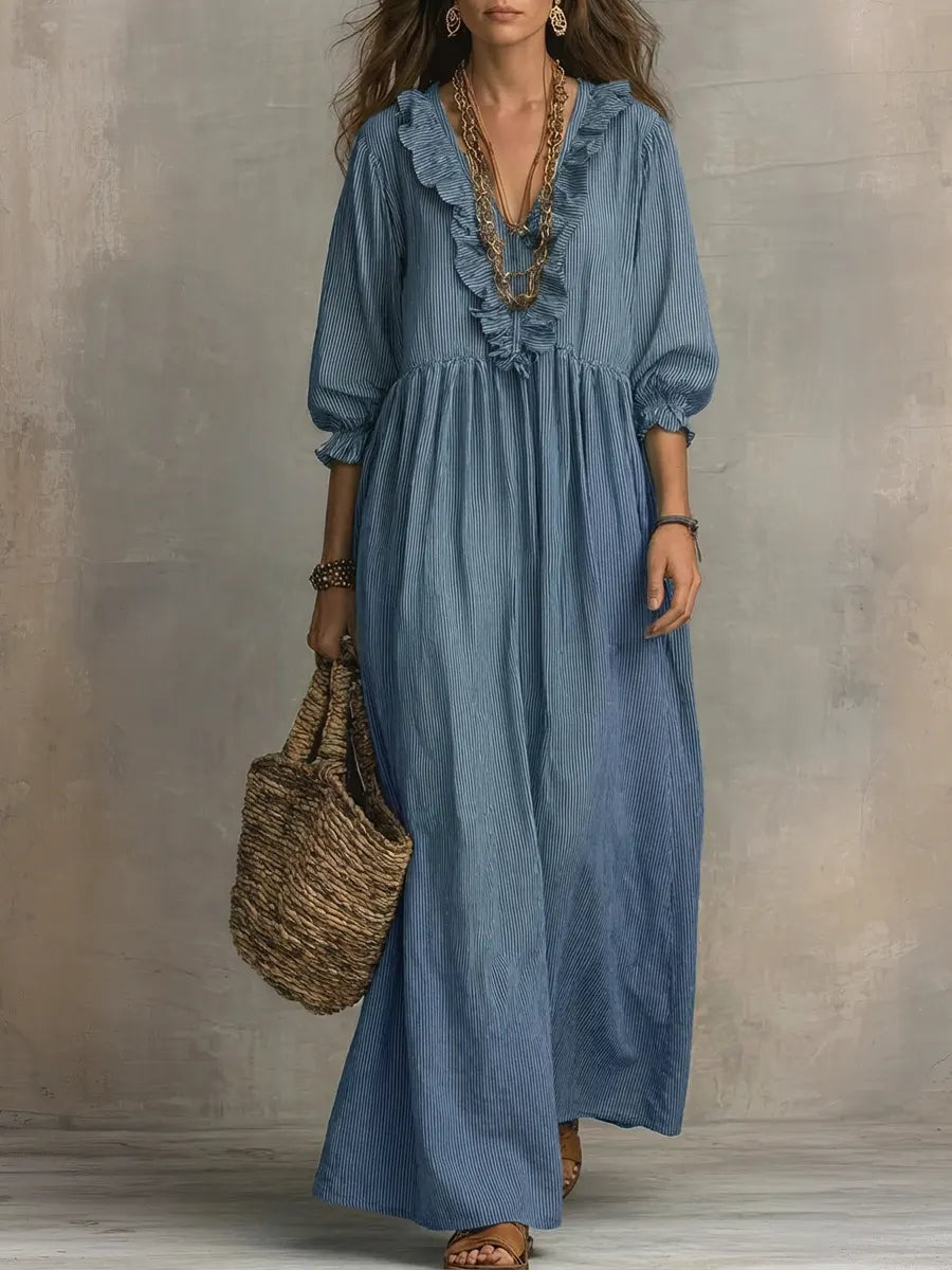 Striped Maxi Dress with Three-Quarter Sleeves and Ruffled Hem, Cotton Linen Blend
