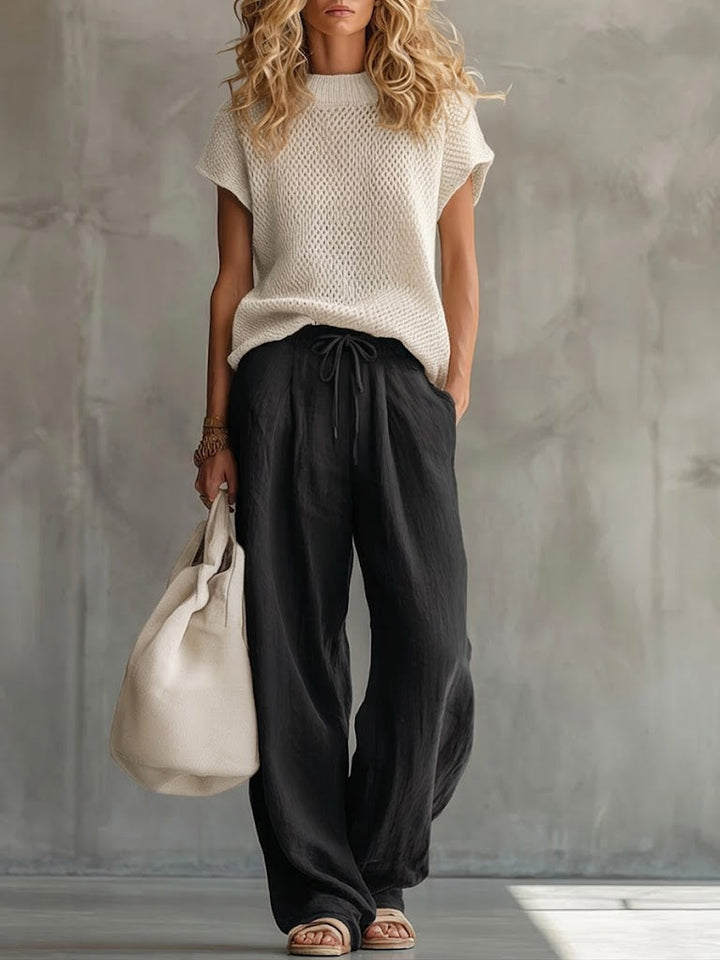 Cotton Linen Blend Two-Piece Set with Short Sleeve Top and Elastic Waist Pants