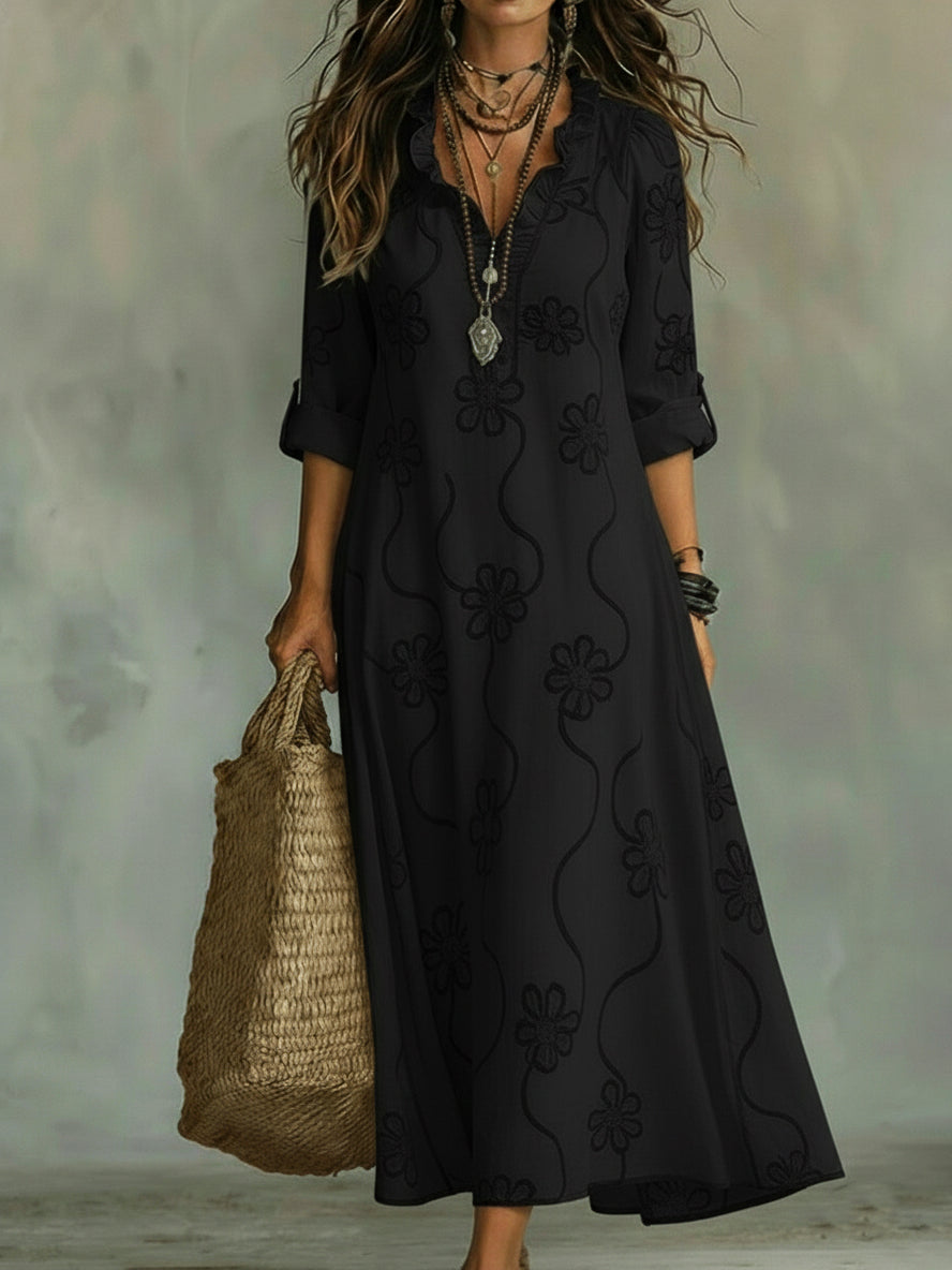 Midi Dress with Floral Embroidery and Long Sleeves, V-Neck Wave Design