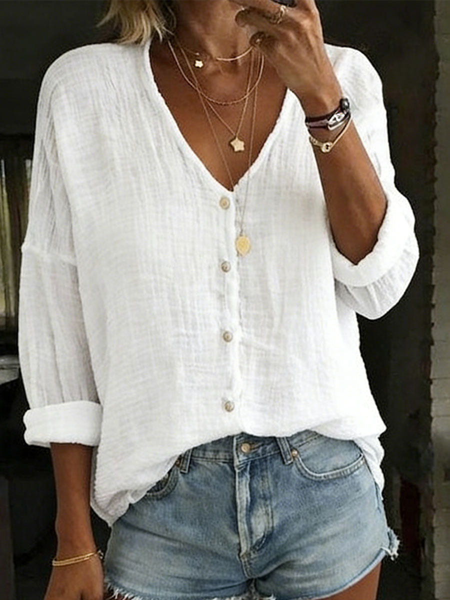 Women's V-Neck Shirt with Cotton-Linen Blend and Long Sleeves