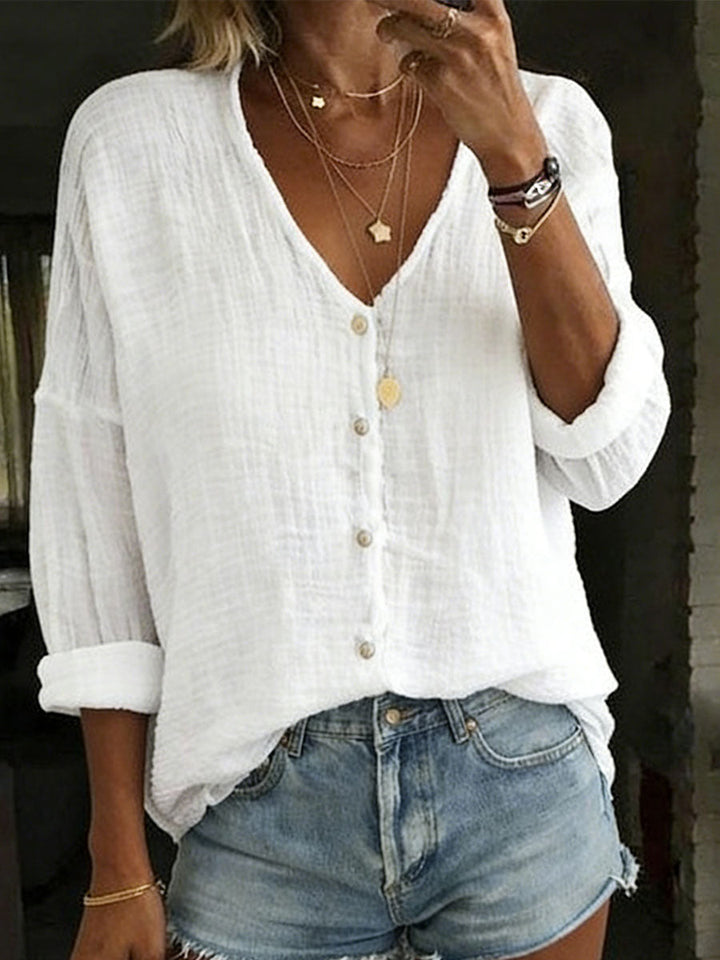 Women's V-Neck Shirt with Cotton-Linen Blend and Long Sleeves