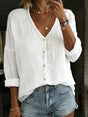 Women's V-Neck Shirt with Cotton-Linen Blend and Long Sleeves