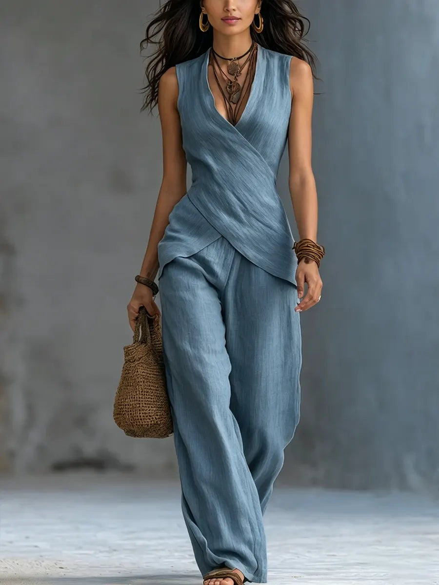Women's Sleeveless Cross-Wrapped Top and Wide-Leg Pants Set in Linen Blend