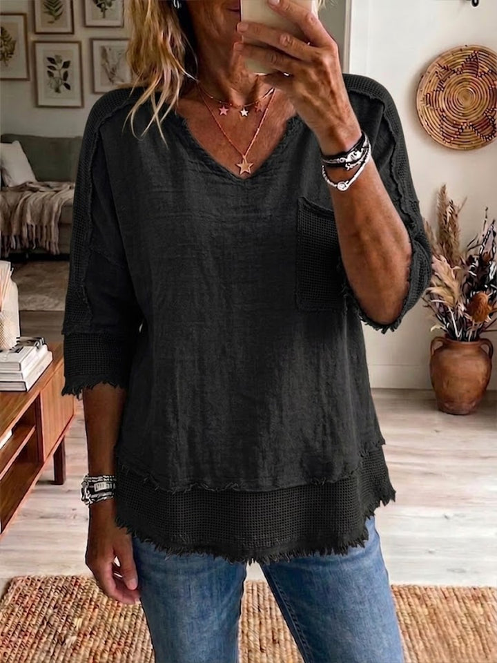 Women's V-Neck Top with Cotton-Linen Blend and Short Sleeves
